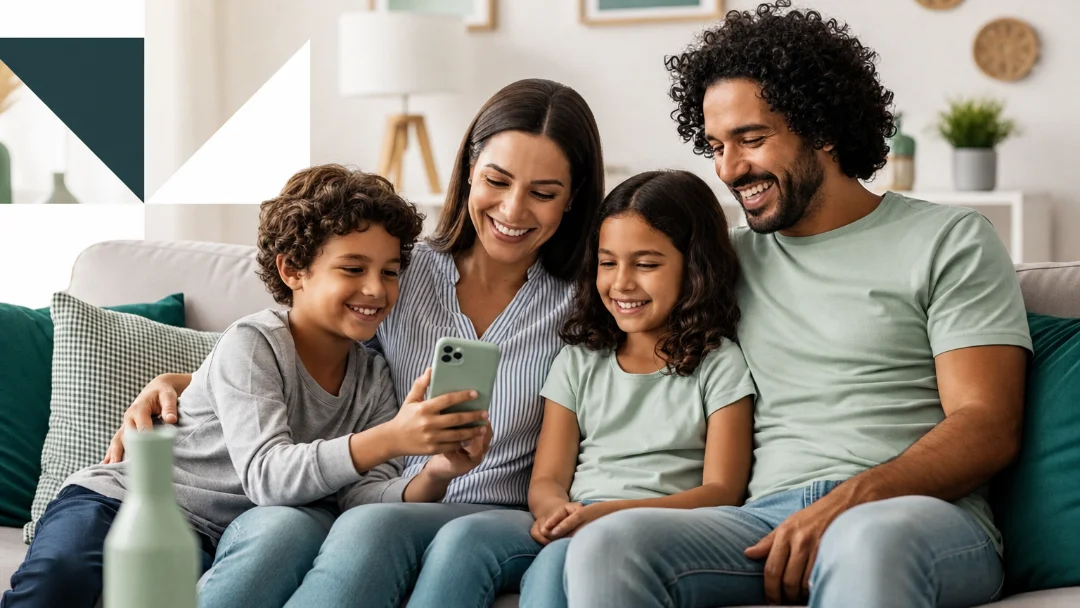 Família reunida no sofá de casa vendo o app Lívia+ no celular
